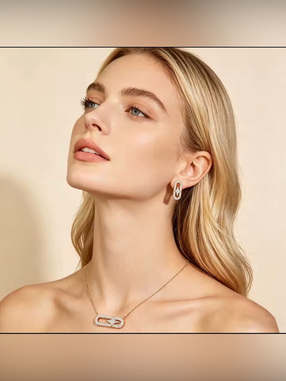 18K White Gold Paperclip Move Micro Pave Diamond Inspired Necklace Earrings Set - Picture 2 of 4